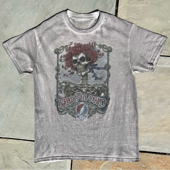 Overdyed Grey Grateful Dead Skeleton Roses T-Shirt Reworked - Picture 1 of 6